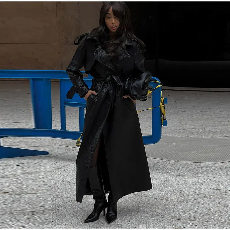 Damen Oversized Kunstleder-Trenchcoat mit hohem Kragen und abnehmbaren Gürtel Amawinc