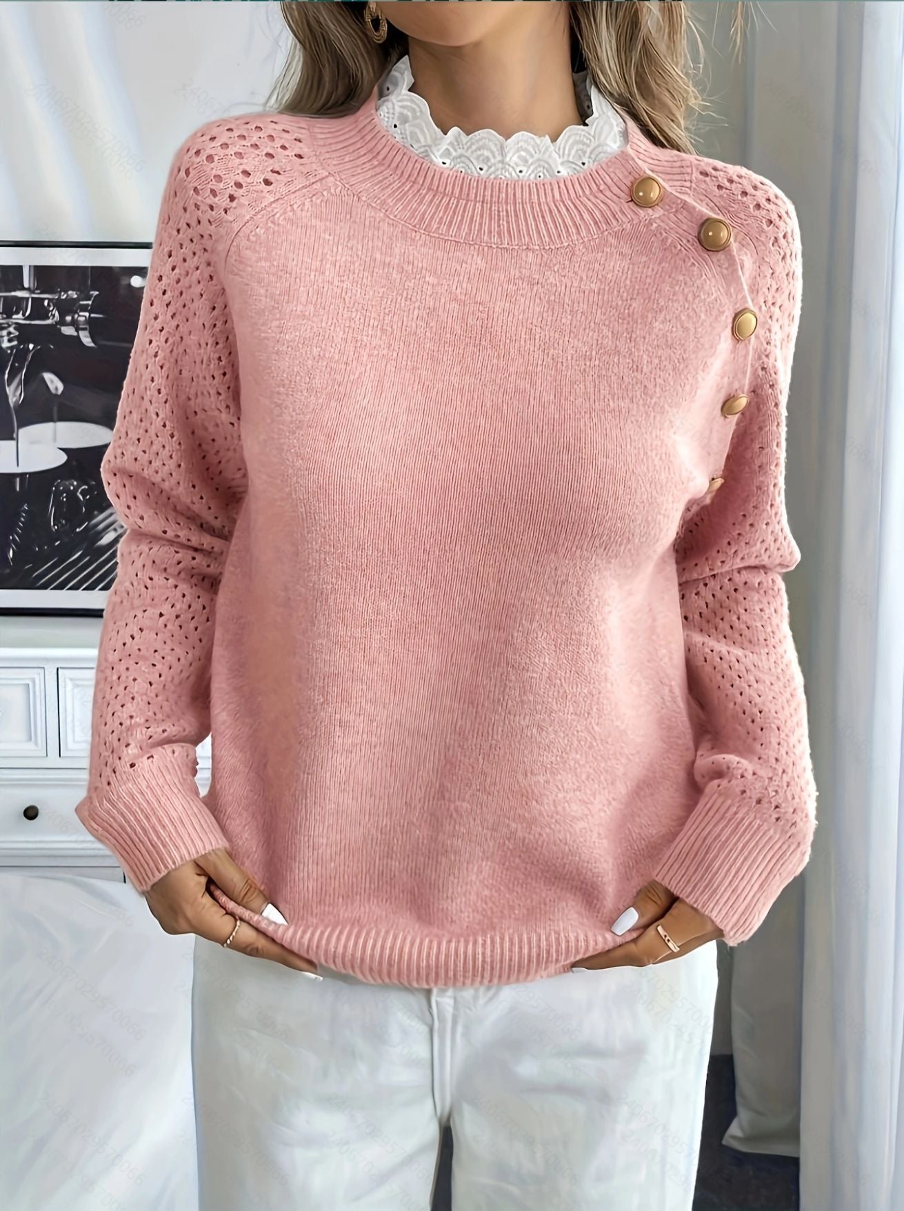 Damen Strickpullover mit dekorativen Knopfdetails und Lochmuster Amawinc