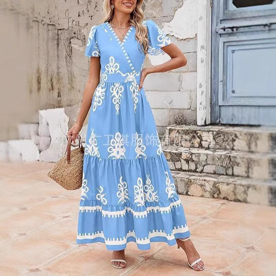 Robe Maxi Femme Col V A Ligne Avec Volants Floral Manches Courtes pour Été Décontracté et Féminin