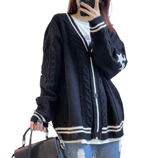 Damen Grobstrickjacke mit einzigartiger Zopfstruktur und dekorativen Sternen Amawinc