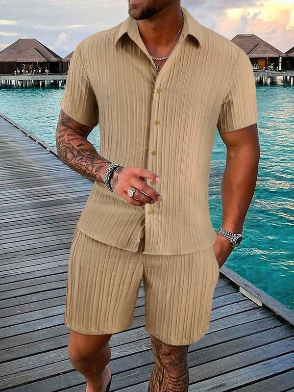 Ensemble Chemise Décontractée Pour Homme Avec Shorts En Mélange Coton Confort Estival