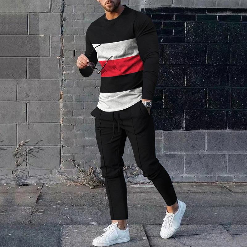 Ensemble Survêtement Homme Deux Pièces Slim Fit Avec Tissu Stretch Et Imprimé 3D Pullover Et Pantalon Tapered