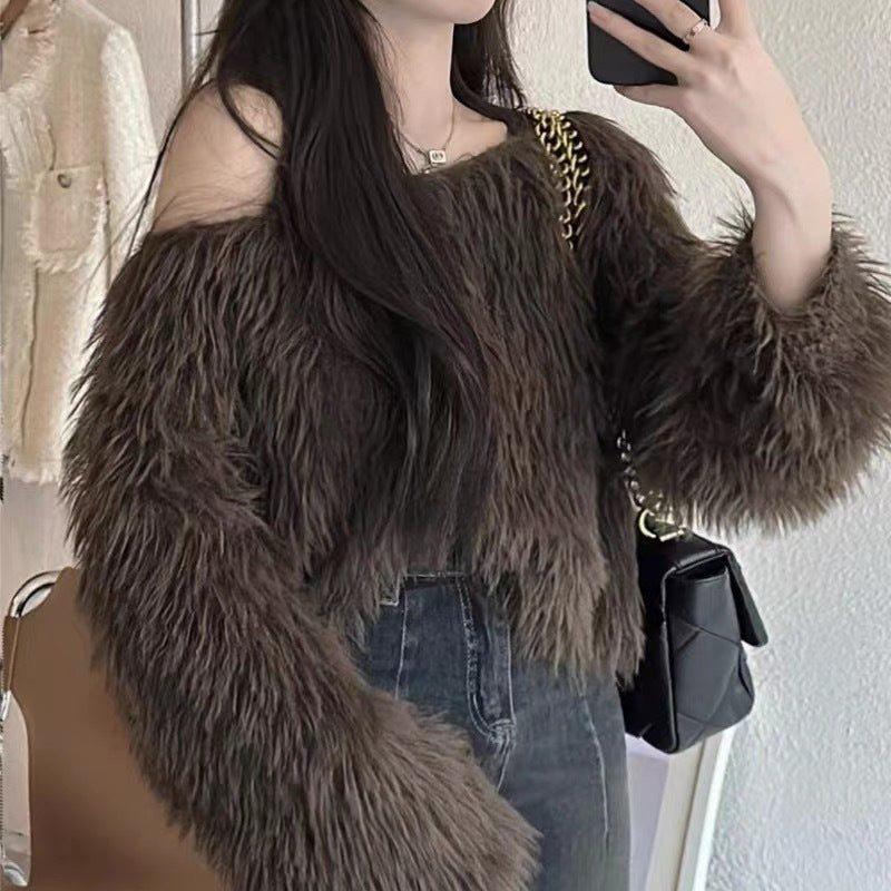 Damen Flauschiger Off-Shoulder-Pullover mit langen Ärmeln Amawinc