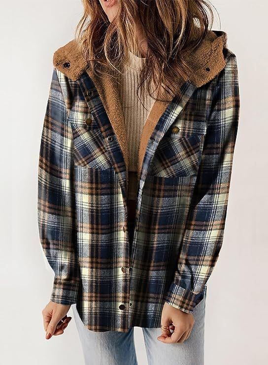 Veste En Laine Pour Femmes Coupe Décontractée Motif À Carreaux Capuche Doublée De Peluche Boutonnage Devant