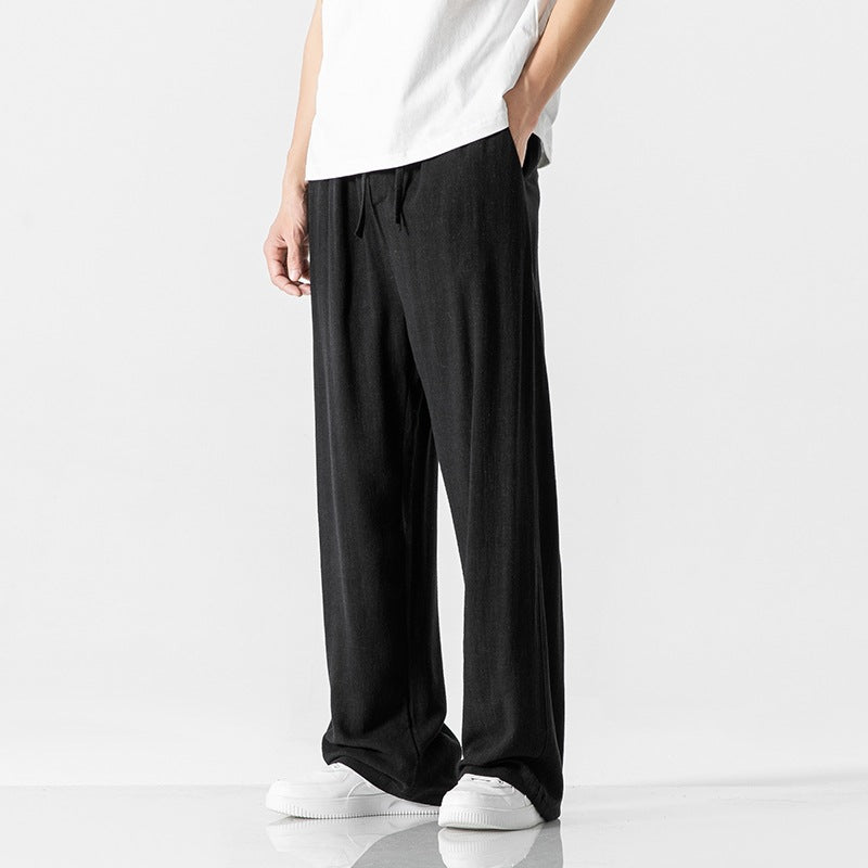 Pantalon Homme Lin Mélangé Avec Ceinture À Cordon Décontracté Coupe Ample Longueur Entière Pour Port Quotidien