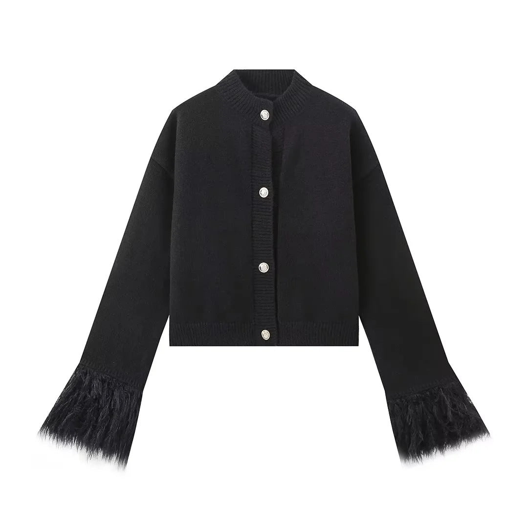 Damen lässige Strickjacke mit dekorativen Fransen und hochwertigen Knöpfen Amawinc