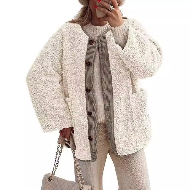 Damen kuschelige Teddyjacke mit farblich abgestimmtem Kragen Amawinc