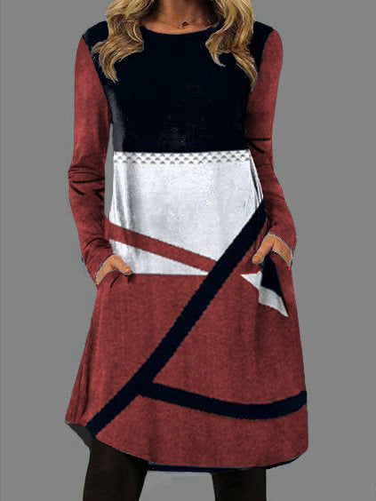 Fudus modisches Rundhals-Langarm-Kleid mit Tasche und Print