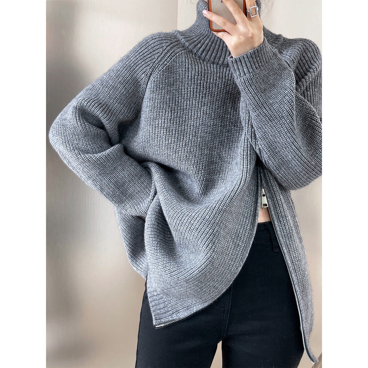 Pull Femme Tricot Mélange de Laine Oversize Col Haut Zip Latéral Nordisk Flair Confortable