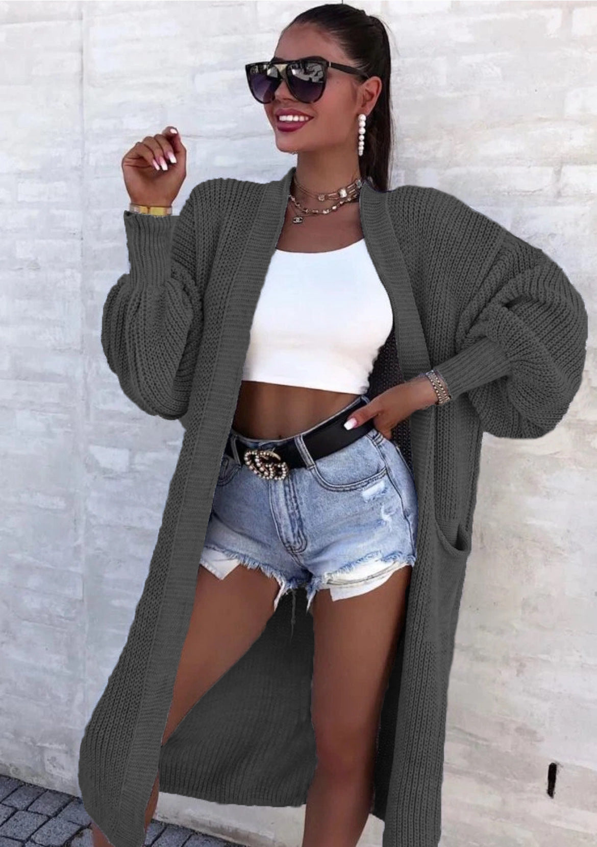 Damen Strickmantel mit weitem Schnitt und tiefen Taschen Amawinc