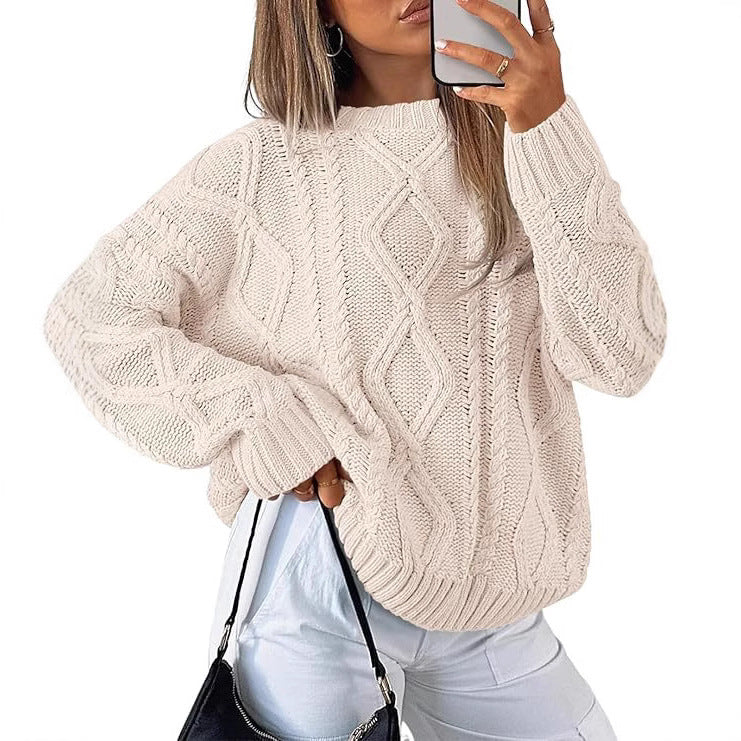 Damen Relaxed Strickpullover mit Zopfmuster Amawinc