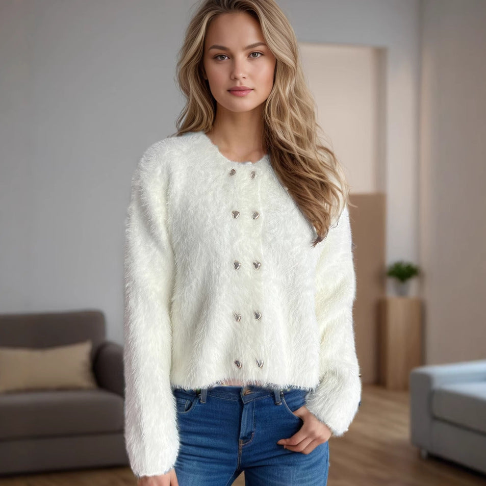 Damen flauschige Strickjacke mit herzförmigen Knöpfen und lockerer Passform Amawinc