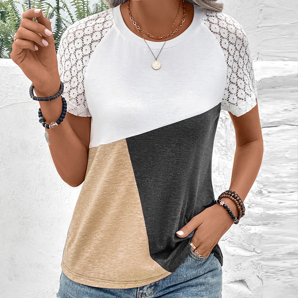 T Shirt Femme Coupe Décontractée En Mélange Coton Avec Manches Dentelle Col Rond Vêtement Décontracté
