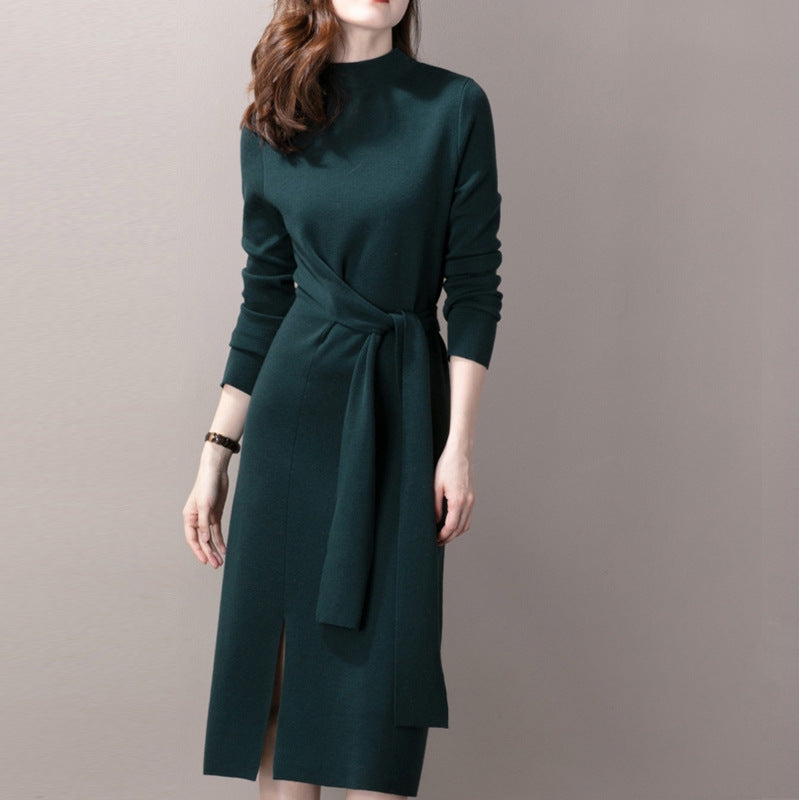 Damen Elegantes Strickkleid mit seitlichem Schlitz und tailliertem Gürtel Amawinc