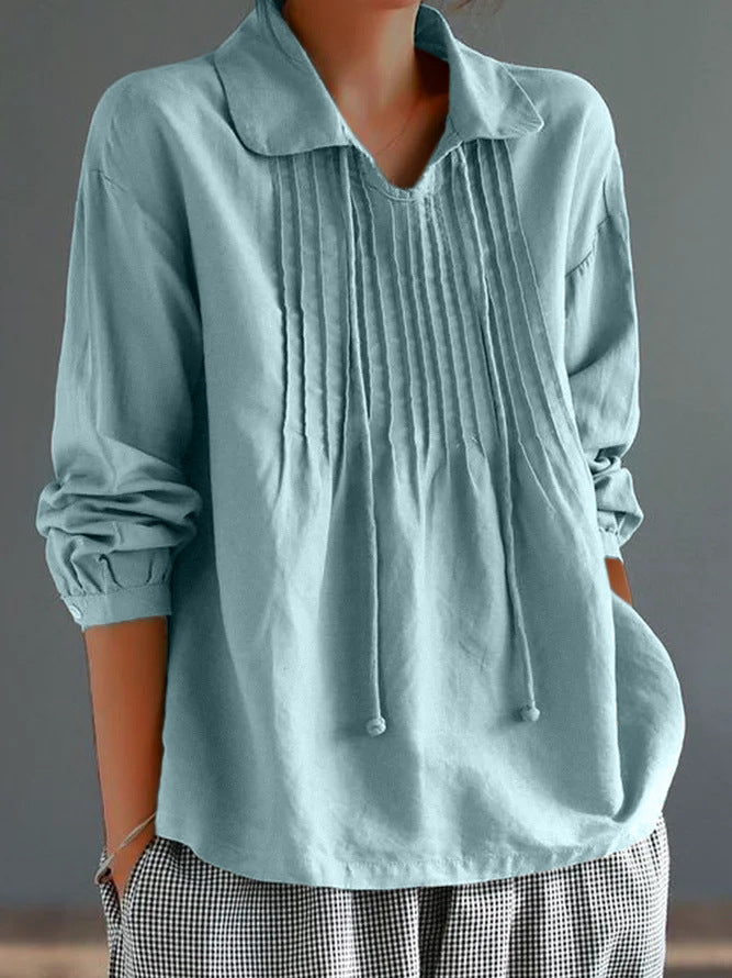Chemise Femme À Manches Longues Coupe Décontractée En Coton Lin Devant Plissé Pour Élégance Quotidienne