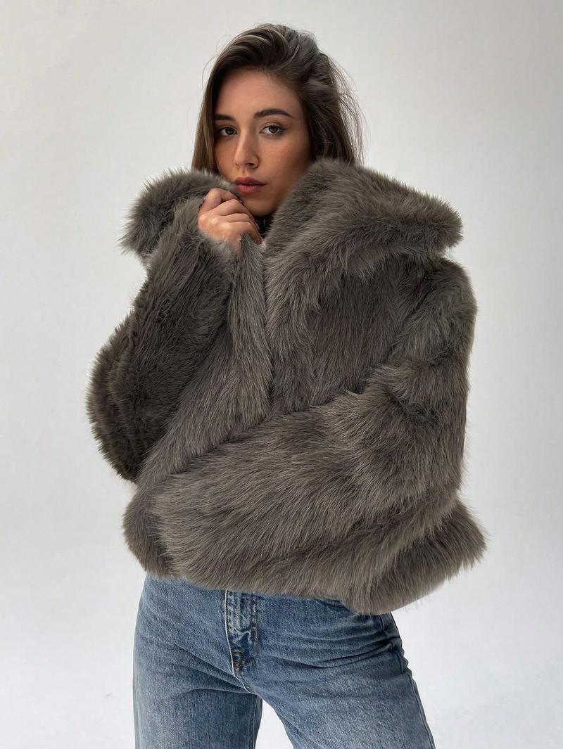 Damen Modischer Kunstpelz-Cropped-Jacke mit voluminösen Ärmeln Amawinc