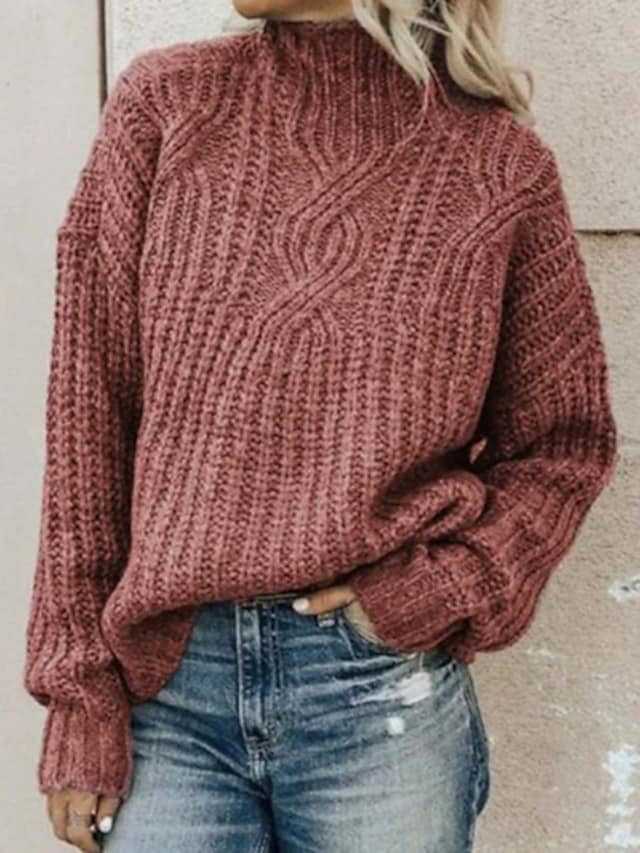 Damen Grober Strickpullover mit hohem Kragen und Zopfmuster Amawinc