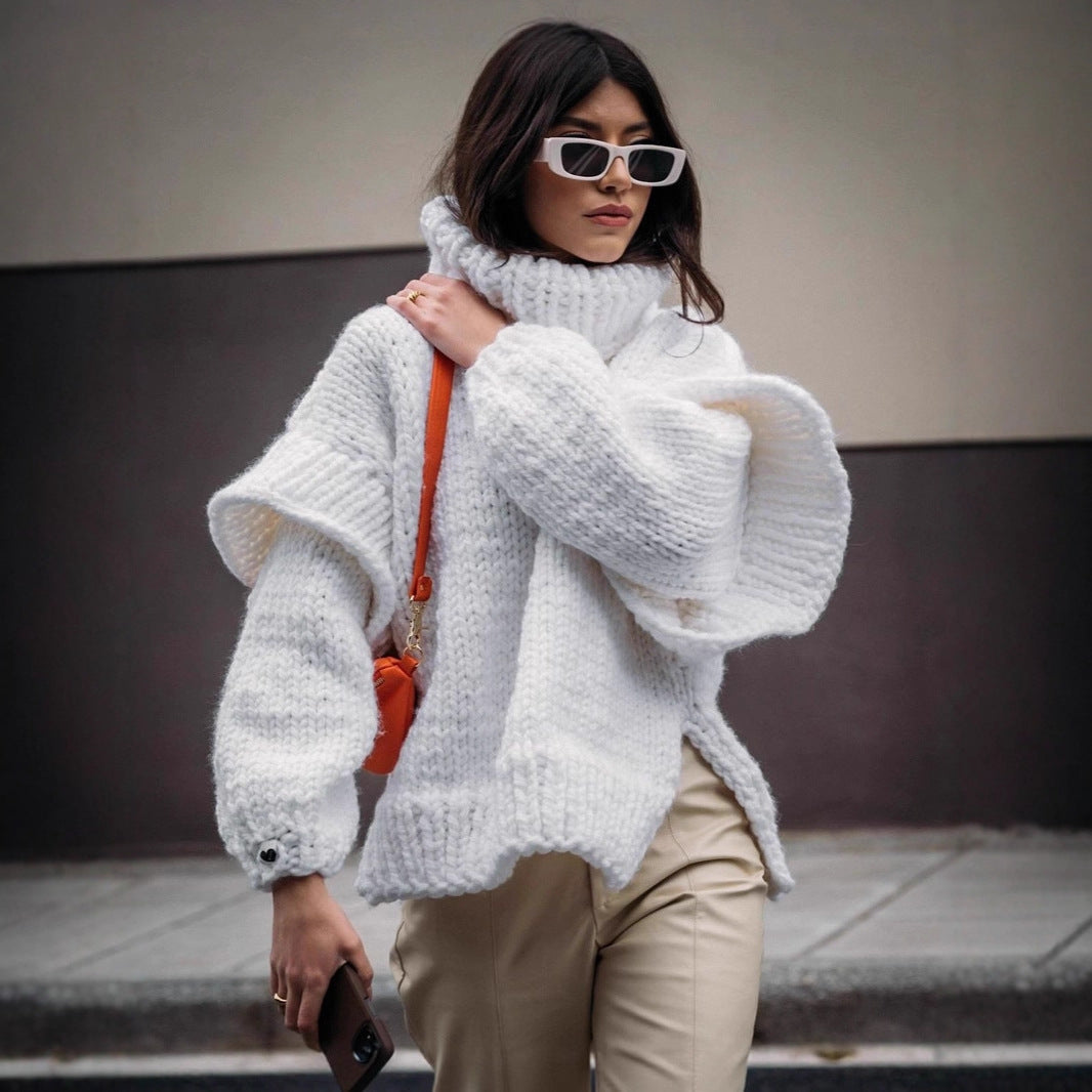 Damen Oversized Strickpullover mit hohem Kragen und voluminösen Ärmeln Amawinc