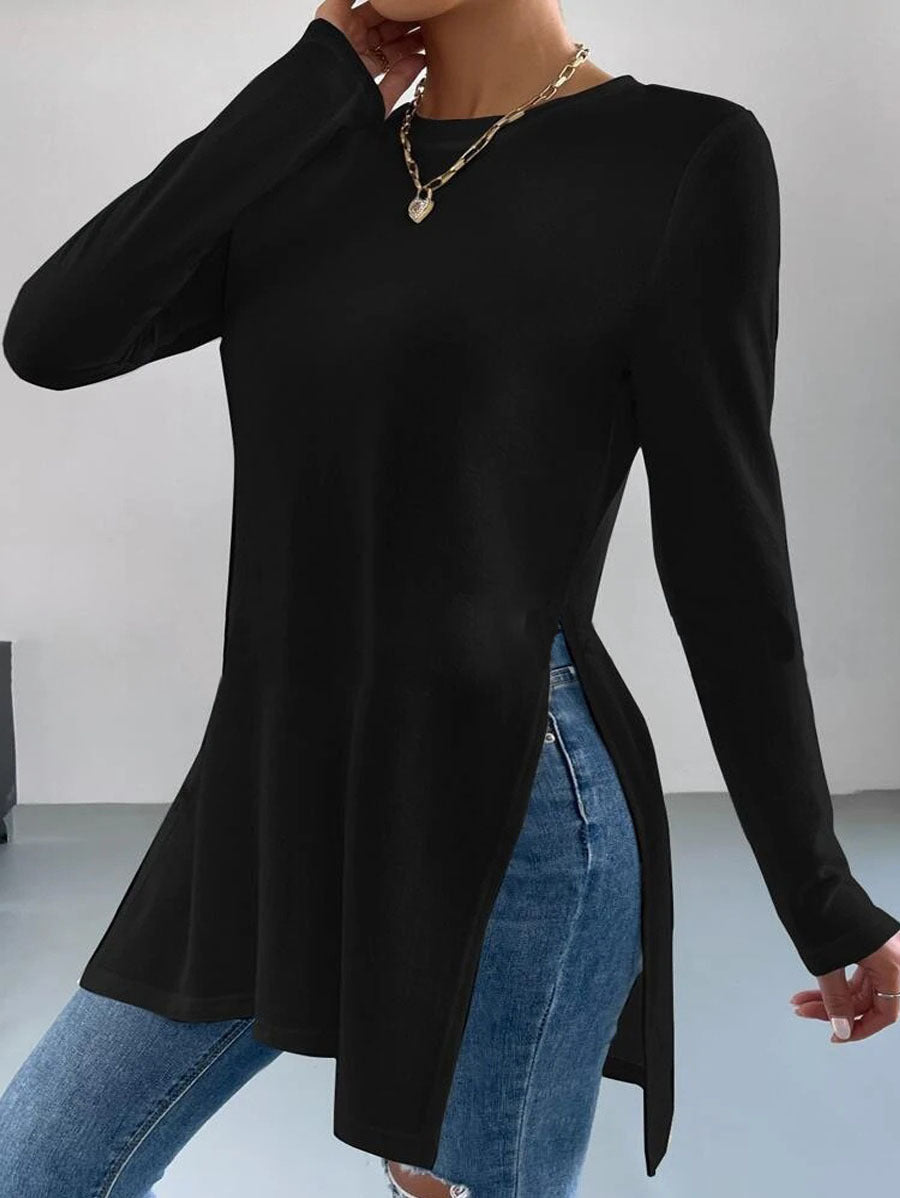 Damen asymmetrisches Longsleeve-Oberteil mit seitlichen Schlitzen und lässigem Schnitt Amawinc