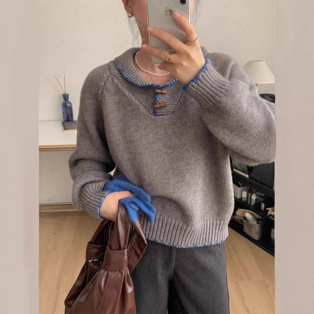 Damen lässiger Strickpullover mit einzigartigem Knopfdesign und Kontrastdetails Amawinc