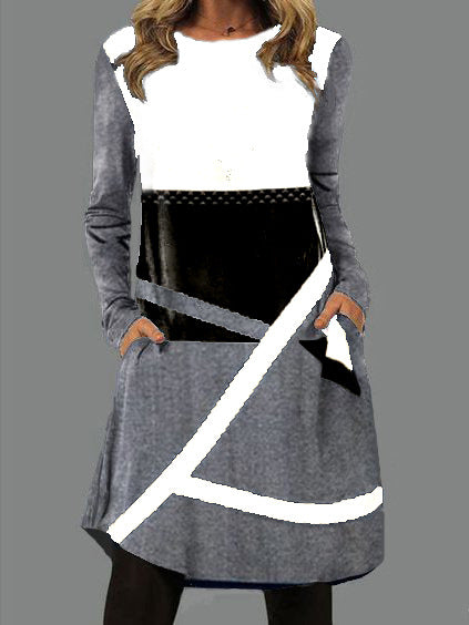 Fudus modisches Rundhals-Langarm-Kleid mit Tasche und Print