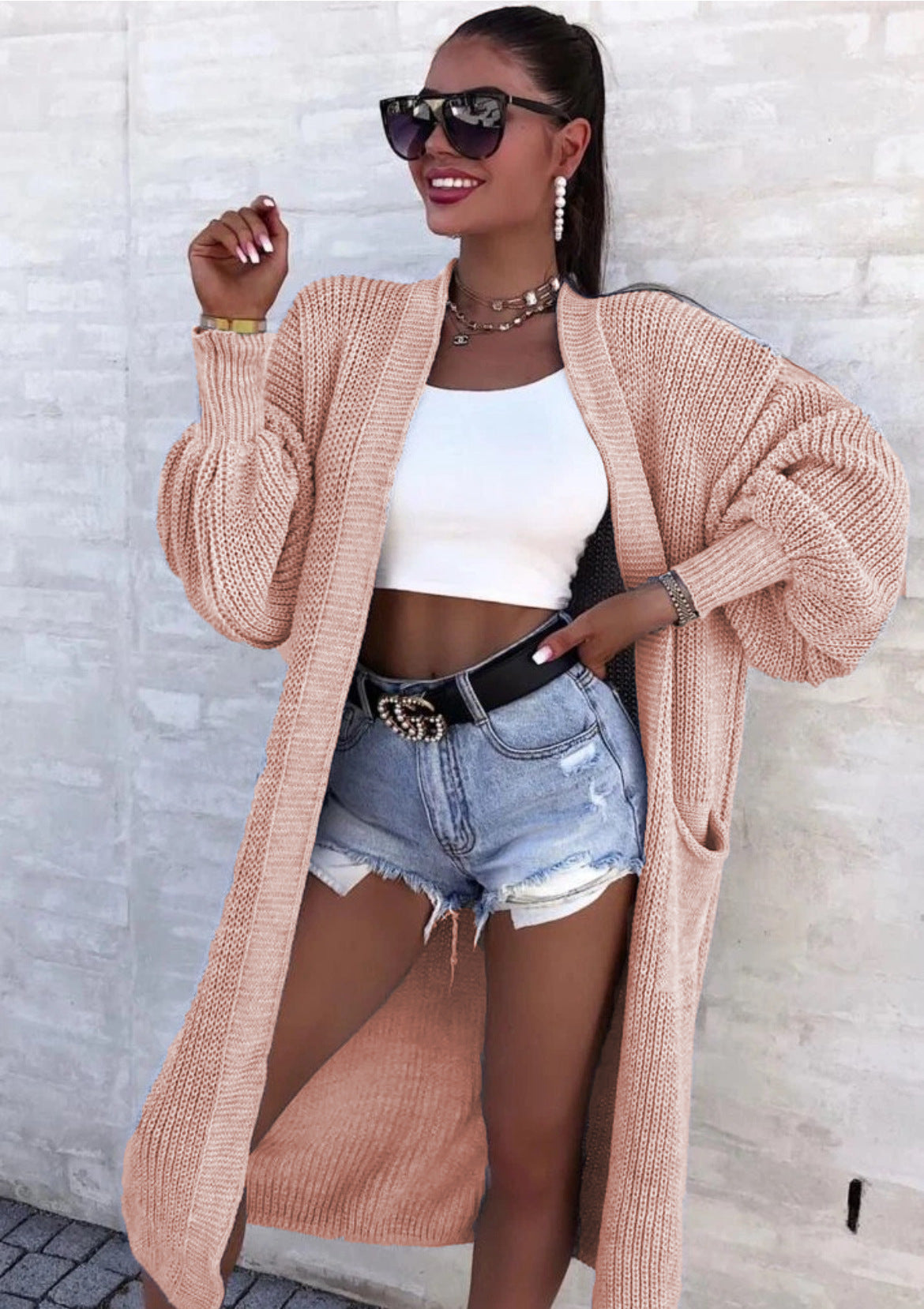 Damen Strickmantel mit weitem Schnitt und tiefen Taschen Amawinc