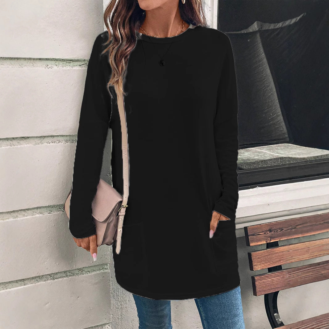 Sweatshirt Femme Décontracté Longueur Tunique En Coton Mélangé Col Rond Poches Latérales Confort