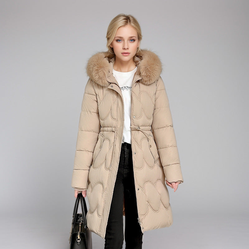 Damen modischer Puffer-Mantel mit abnehmbarem Kunstfellkragen und taillierbarem Gummizug Amawinc