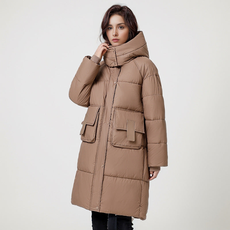 Damen gesteppter Langmantel mit wärmender Kapuze und praktischen Taschen Amawinc