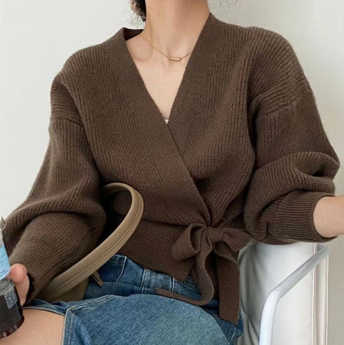 Damen Wickelstrickjacke mit weit geschnittenen Ärmeln und Taillengürtel Amawinc