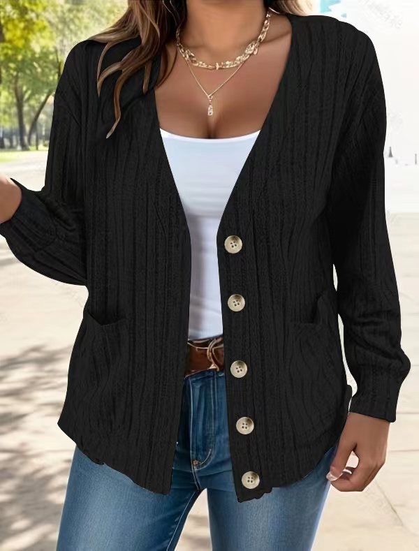 Cardigan Femme Décontracté En Maille Côtelée Avec Boutons Devant Et Poches Longueur À La Hanche