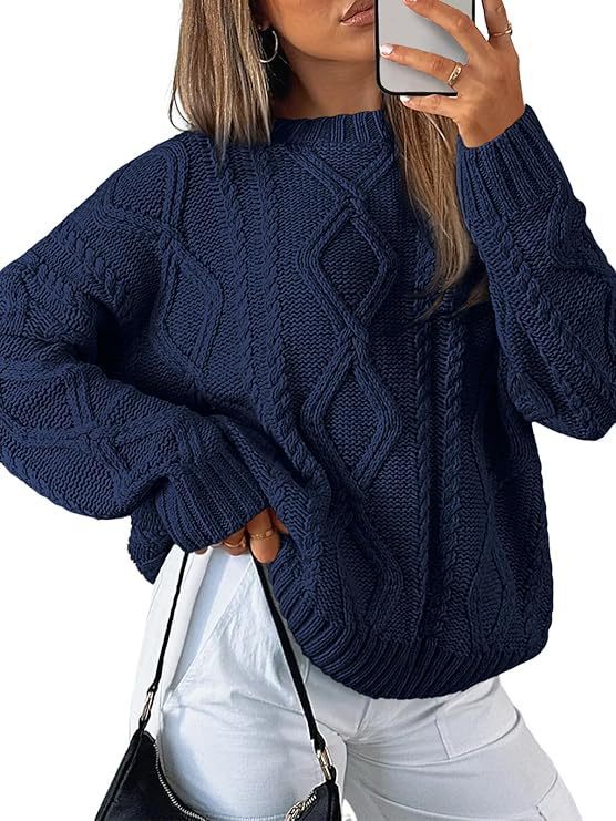 Damen Relaxed Strickpullover mit Zopfmuster Amawinc