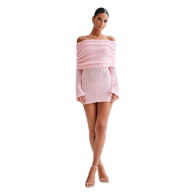 Robe de Plage Femme Épaules Dévoilées Maille Légère Coupe Slim Semi Transparent Manches Longues