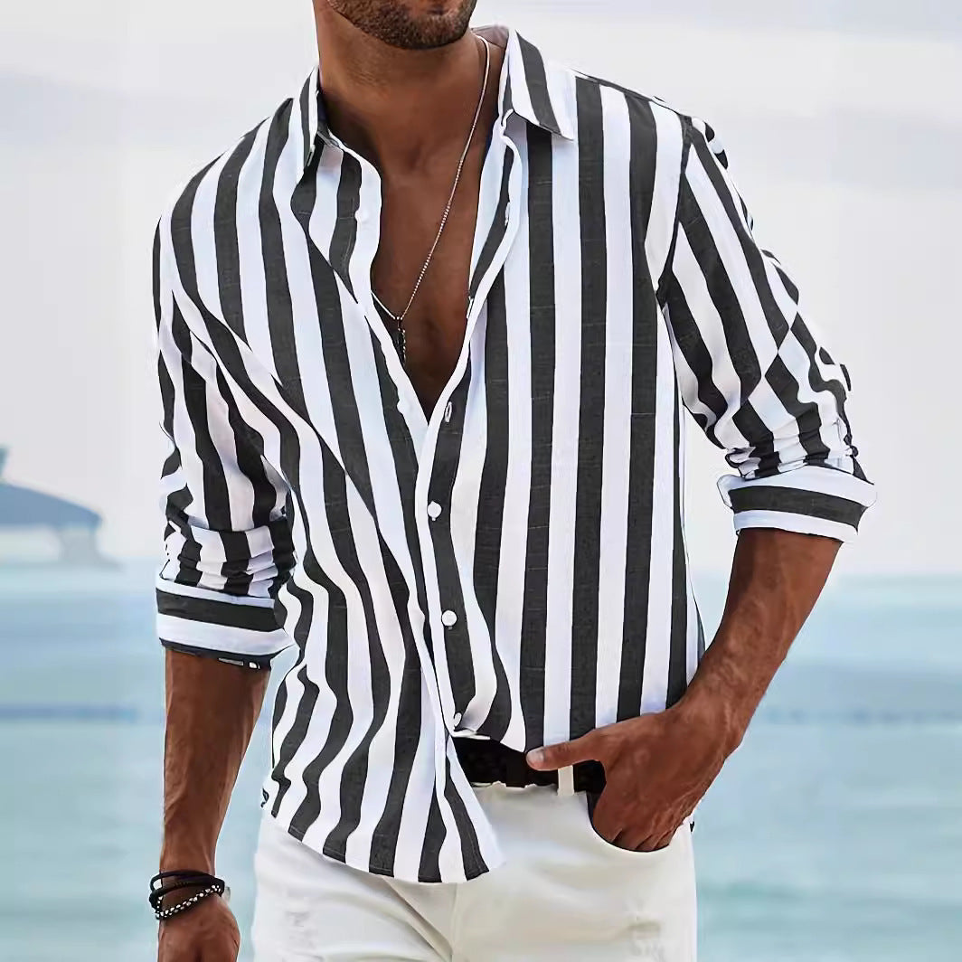 Chemise Homme Amawinc Manches Longues En Mélange Coton Lin Rayé Coupe Décontractée Pour Quotidien