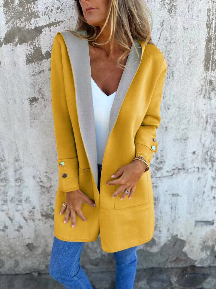 Cardigan À Capuche Pour Femme En Maille Douce Longue Décontracté Avec Bordure Contrastée Et Poignets Boutonnés