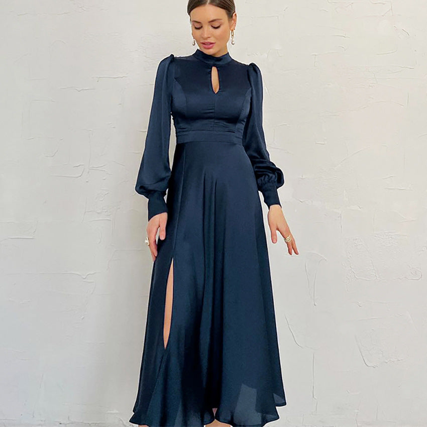 Robe Longue Satinée À Col Montant Et Manches Bouffantes Coupe Ample Élégante Pour Soirées