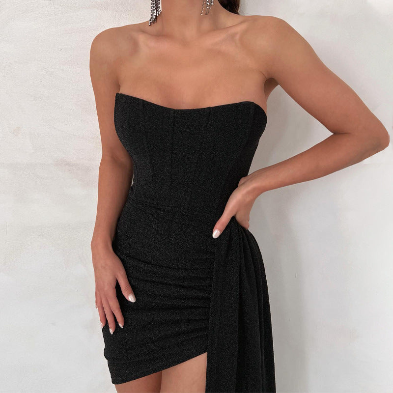 Robe Mini Sans Bretelles Femme Bodycon Satin Effet Drapé Taille Asymétrique Pour Soirée