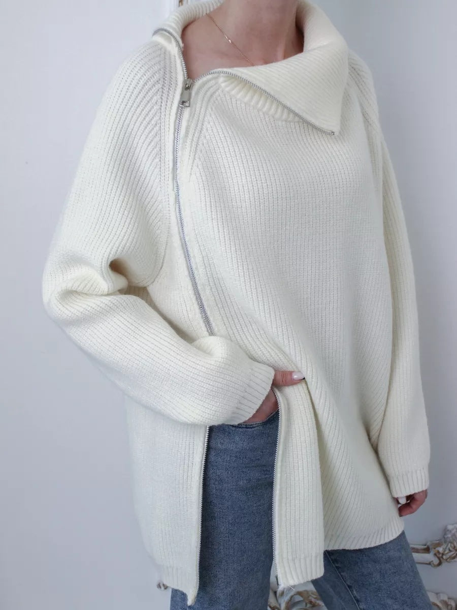 Pull Oversized En Tricot Côtelé Avec Zip Asymétrique Et Col Large Pour Femme Nordisk Flair