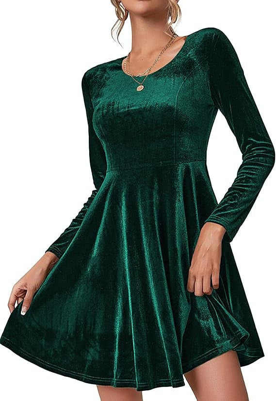 Damen Elegantes Samtkleid mit geschwungenem Saum und langen Ärmeln Amawinc