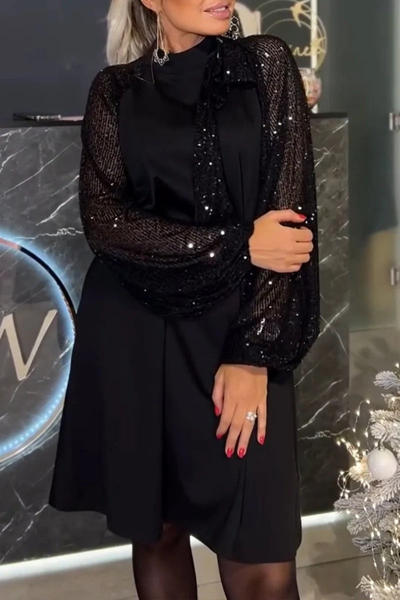 Damen Elegantes Kleid mit glitzernden Ärmeln und festlichem Kragen Amawinc