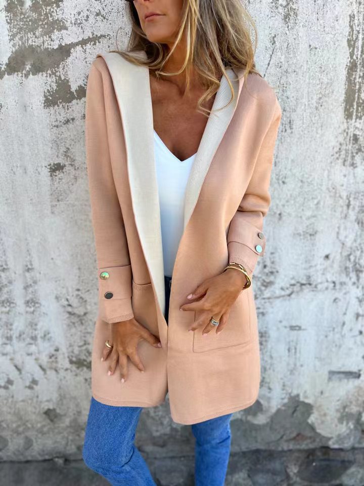 Damen modische Longjacke mit großzügiger Kapuze und praktischen Taschen Amawinc