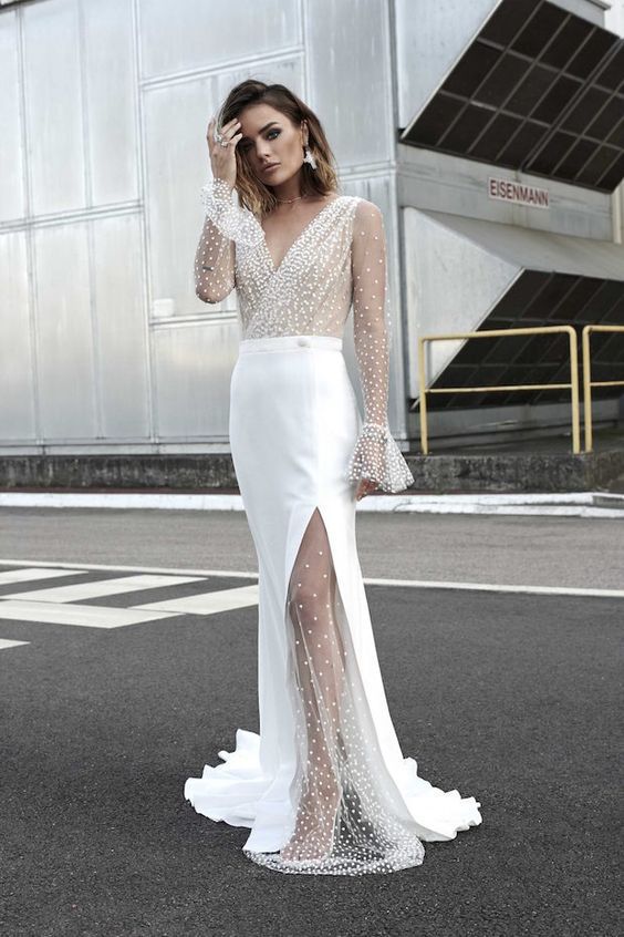 Damen Hochgeschlitztes Abendkleid mit transparentem Oberteil und Perlenapplikationen Amawinc