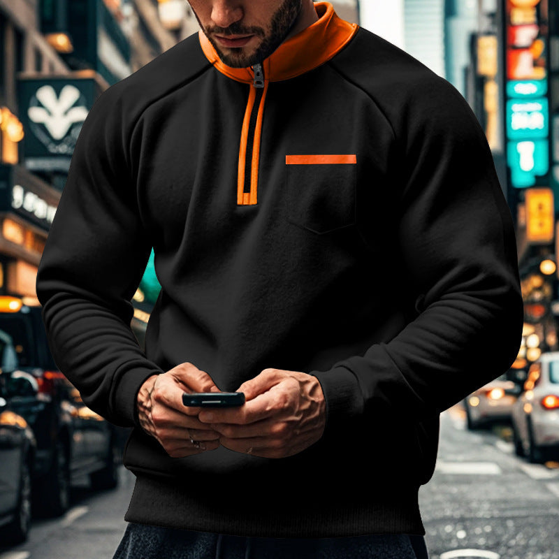 Sweat Zippé Pour Homme Col Montant Poche Poitrine Coton Mélangé Coupe Régulière Confortable