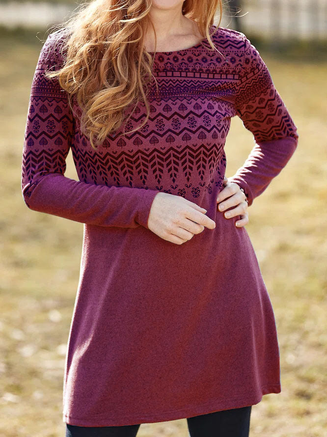 Robe Femme Manches Longues Tissu Brossé Coupe Décontractée Imprimé Ethnique Col Rond