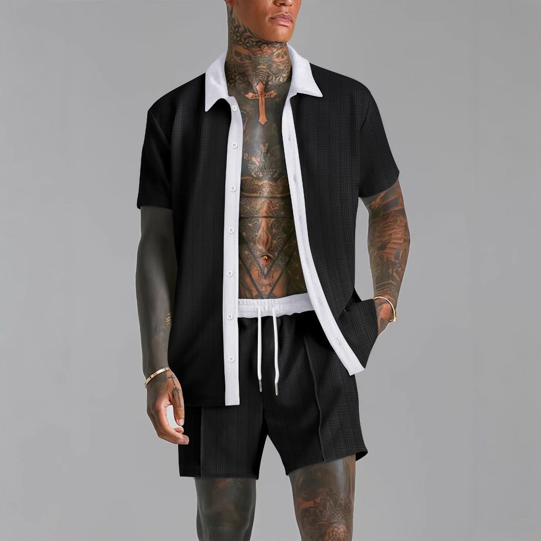 Ensemble Chemise Et Short Homme En Coton Mélangé Coupe Décontractée Fermeture À Boutons Taille Élastique