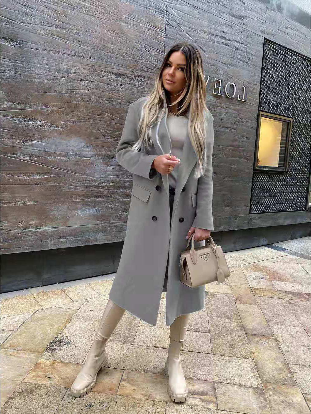 Damen Eleganter und zeitloser Wool Coat mit Doppelreiher Amawinc
