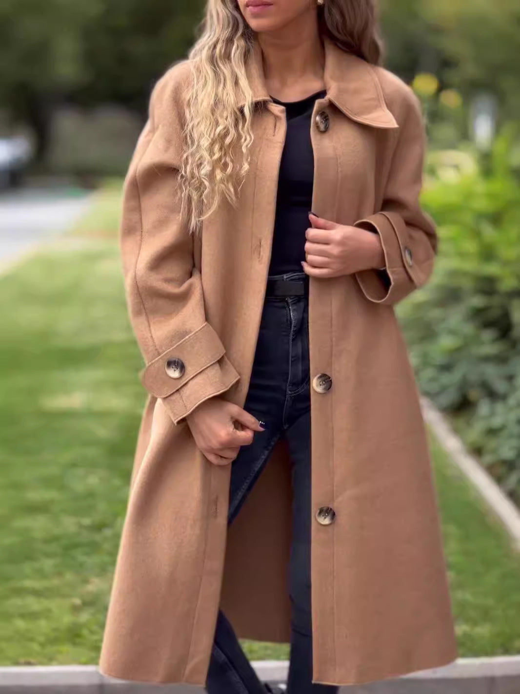 Manteau Long Pour Femme En Mélange De Laine Coupe Décontractée Boutonné Devant Col Classique Longueur Pleine Amawinc
