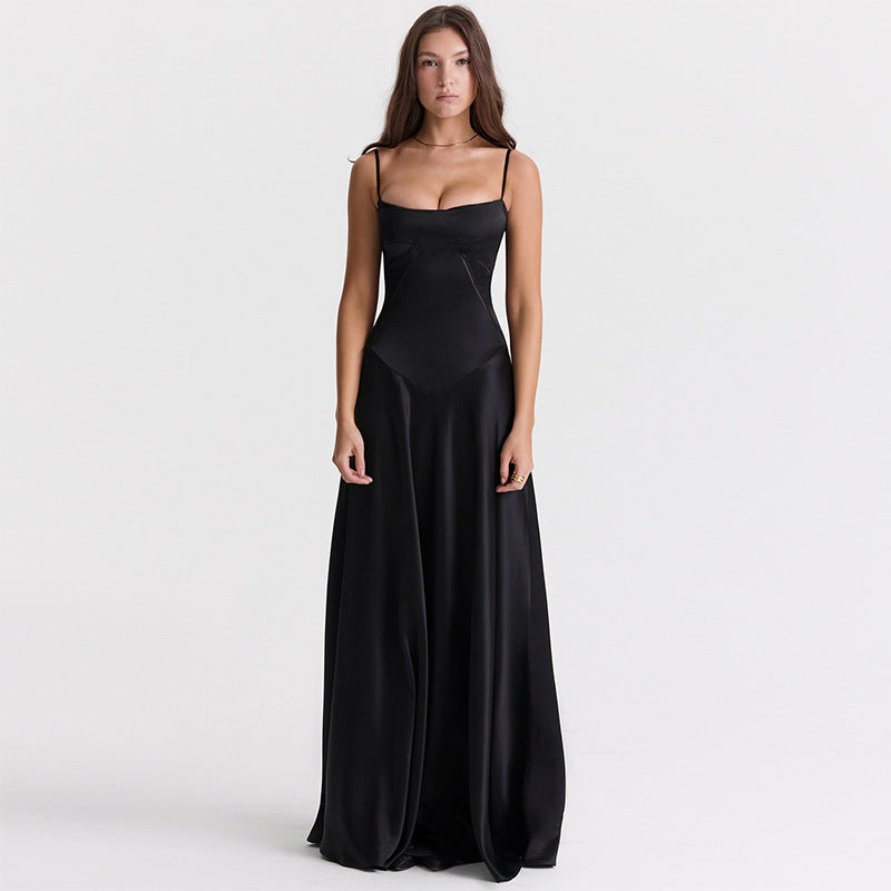 Robe de Soirée Satinée Longue Aline Bretelles Spaghetti Taille Découpée pour Soirées Élégantes