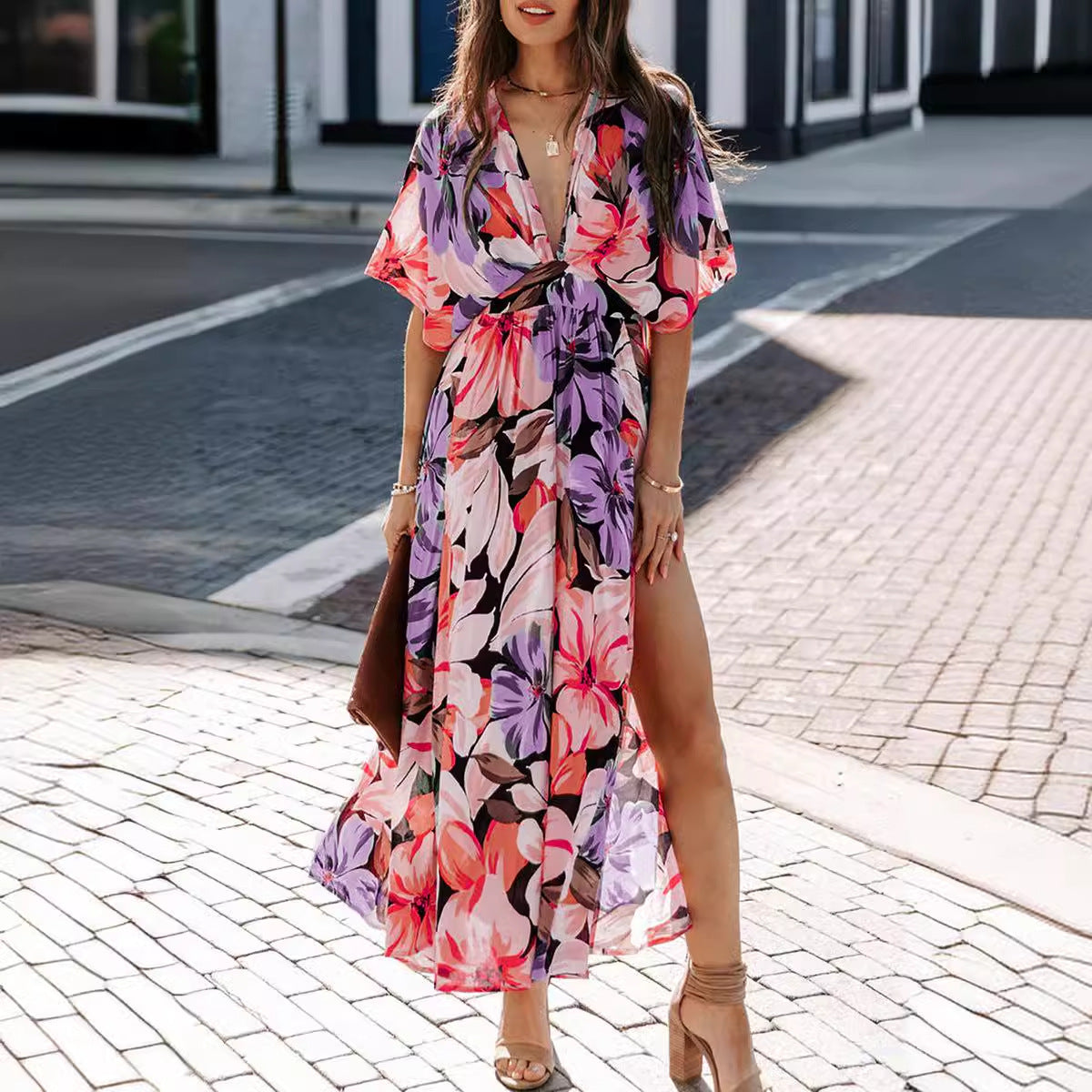 Robe Maxi Femme Flottante Encolure Cache Coeur Motif Floral Avec Fente Pour Été Élégante Amawinc
