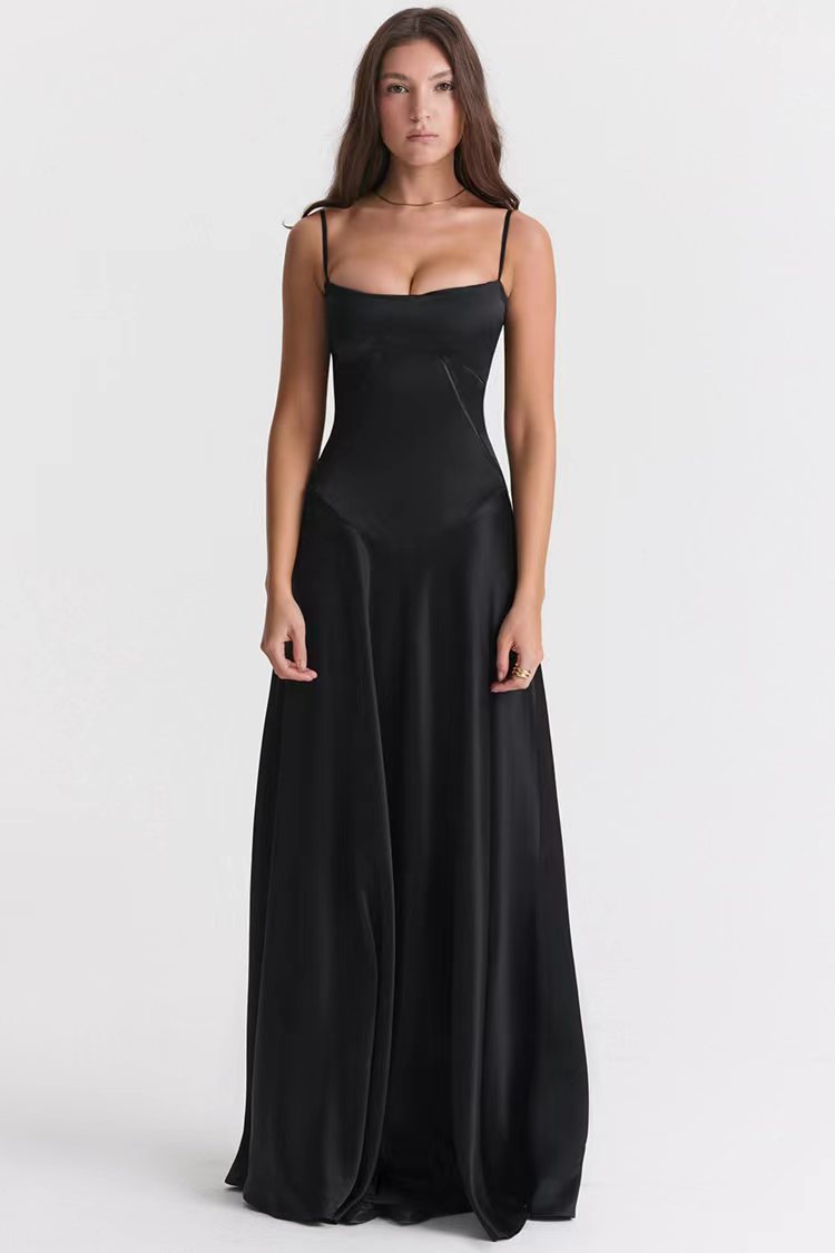 Robe De Soirée Femme Effet Satiné Coupe Slim Bretelles Spaghetti Dos Nu Amawinc Élégance